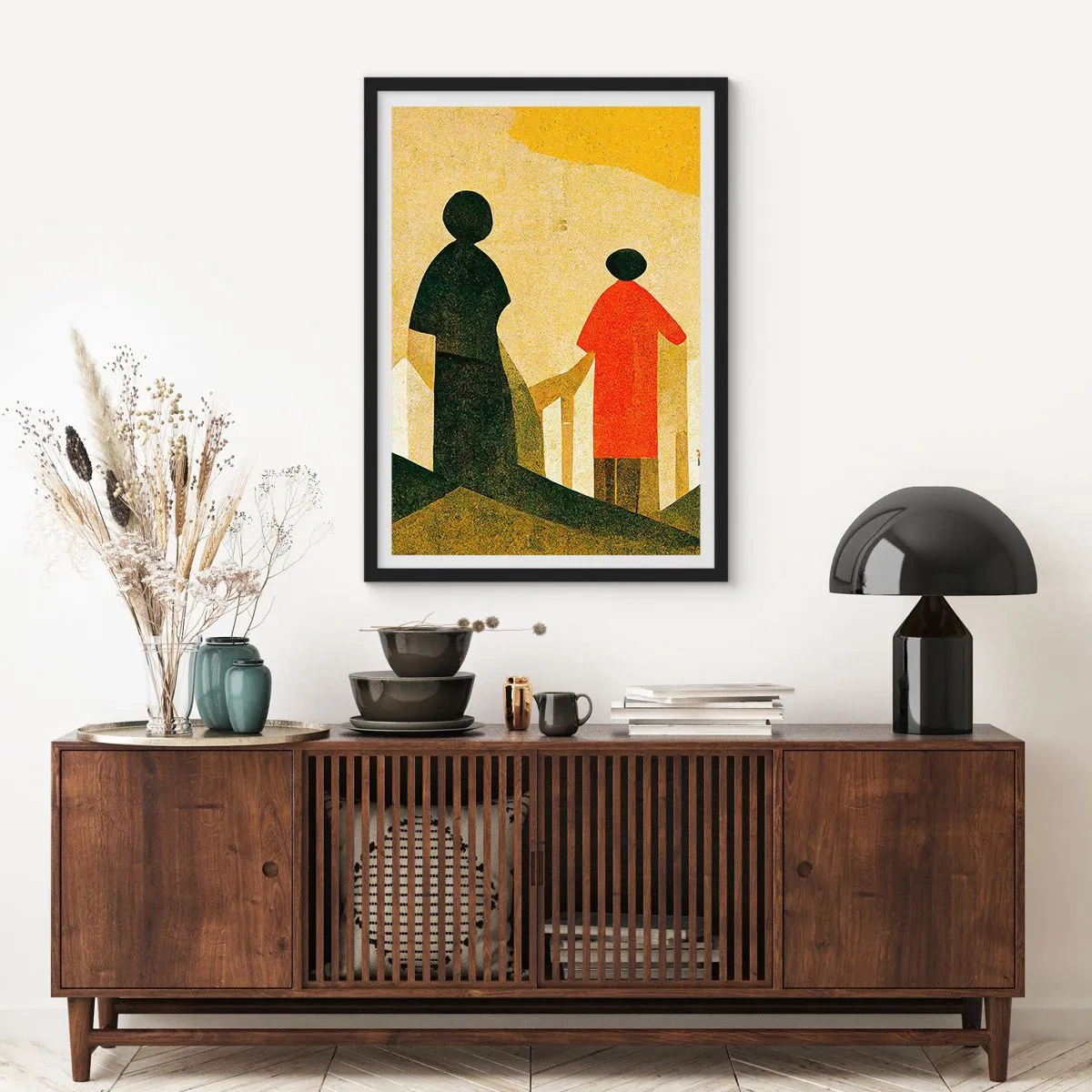 Affisch i svart ram - Geometriska silhuetter av figurer mot bakgrund av ett abstrakt landskap - 50x70cm - Det är fortfarande långt kvar - Modern väggdekoration för vardagsrum och sovrum ARTTOR