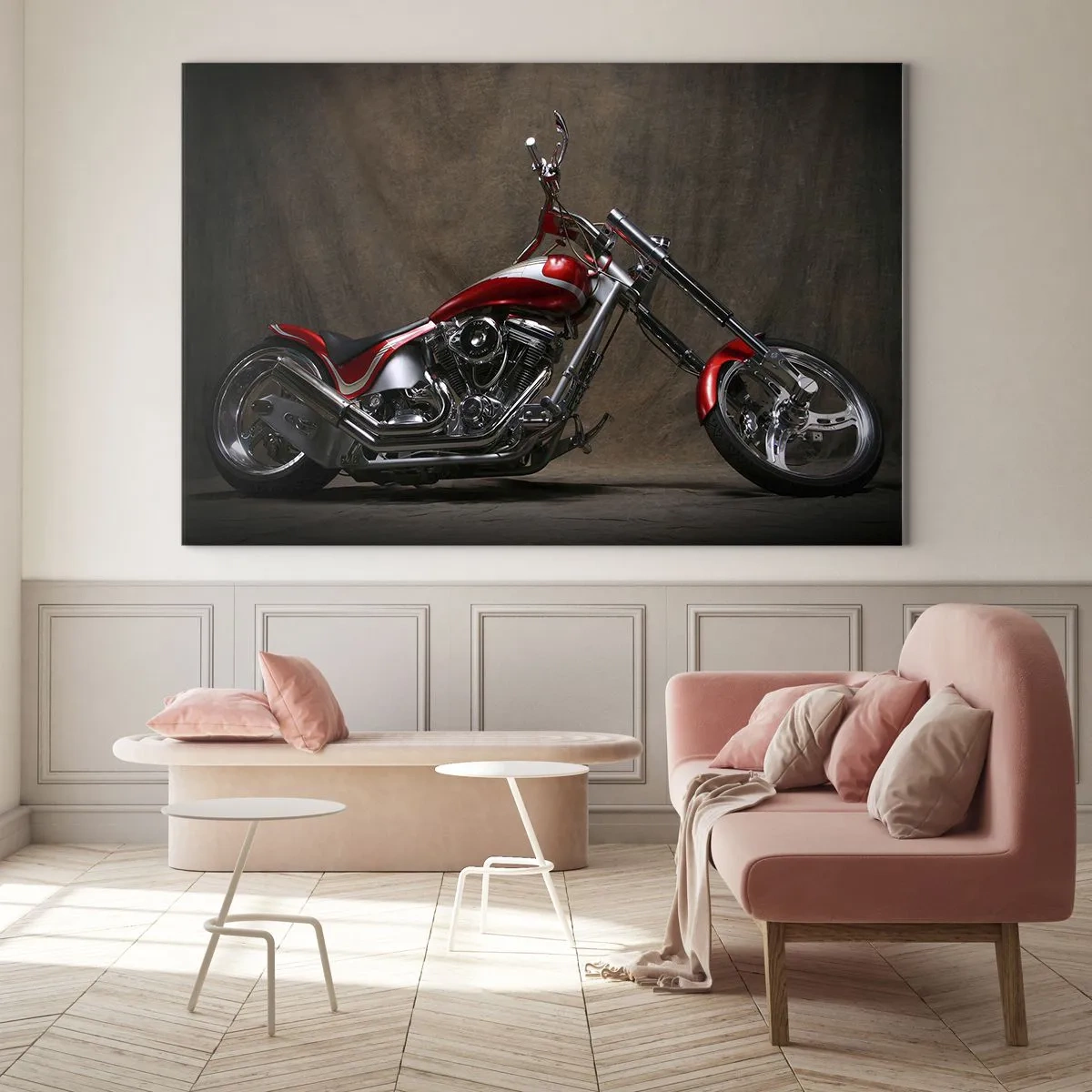 Glastavla - Bild på glas - Röd specialbyggd motorcykel på en mörk bakgrund - 70x50cm - Röd-silver skönhet - Modern väggdekoration för vardagsrum och sovrum ARTTOR