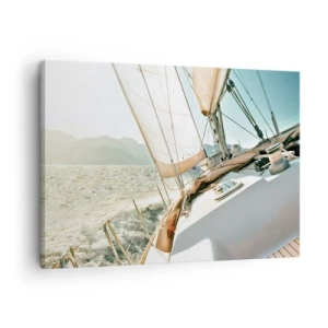 Canvastavla - Bild på duk - En yacht på öppet hav med utsikt över bergen - 70x50cm - Under full segel - Modern väggdekoration för vardagsrum och sovrum ARTTOR