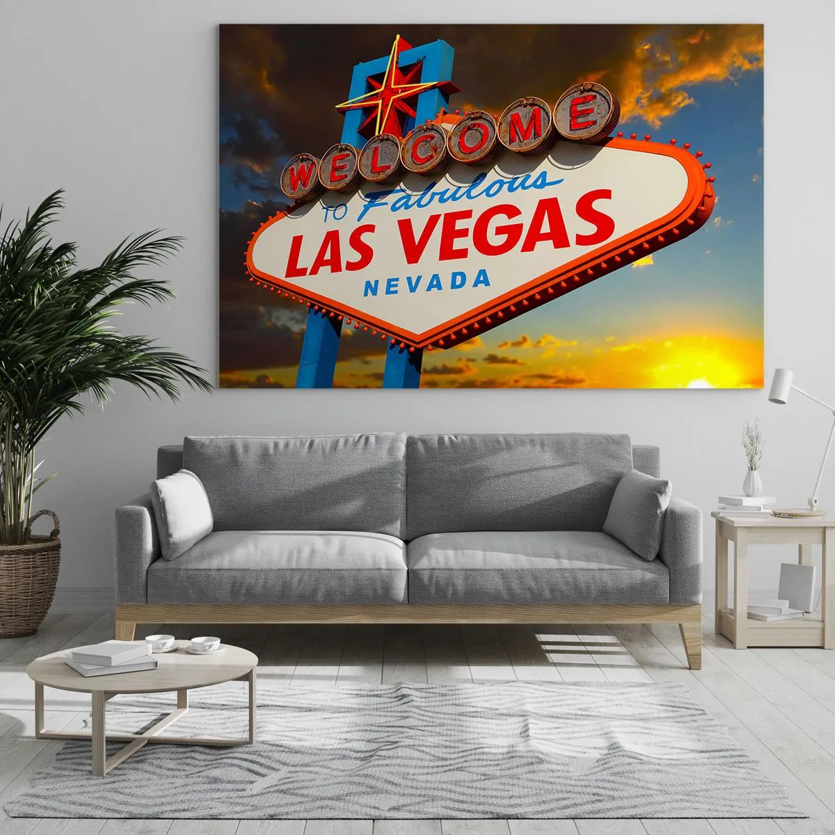 Glastavla - Bild på glas - Välkomstskylten i Las Vegas mot den nedgående solen - 70x50cm - Hjälpa lyckan - Modern väggdekoration för vardagsrum och sovrum ARTTOR