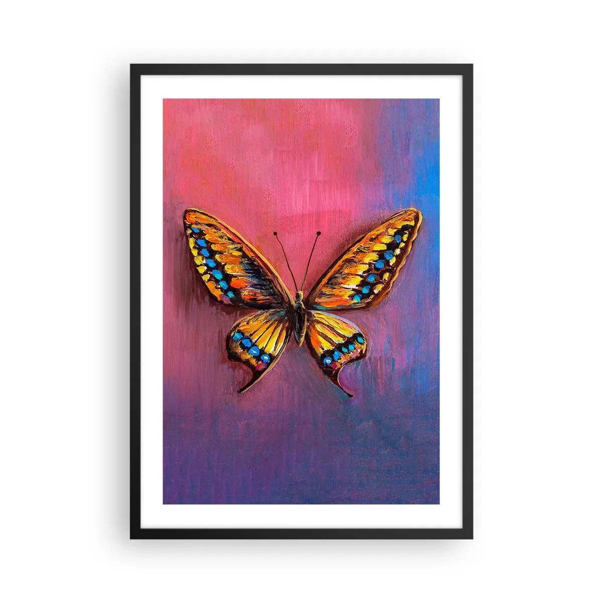 Affisch i svart ram - En färgglad fjäril mot en konstnärlig bakgrund med intensiva färger. - 50x70cm - Naturens klenoder - Modern väggdekoration för vardagsrum och sovrum ARTTOR