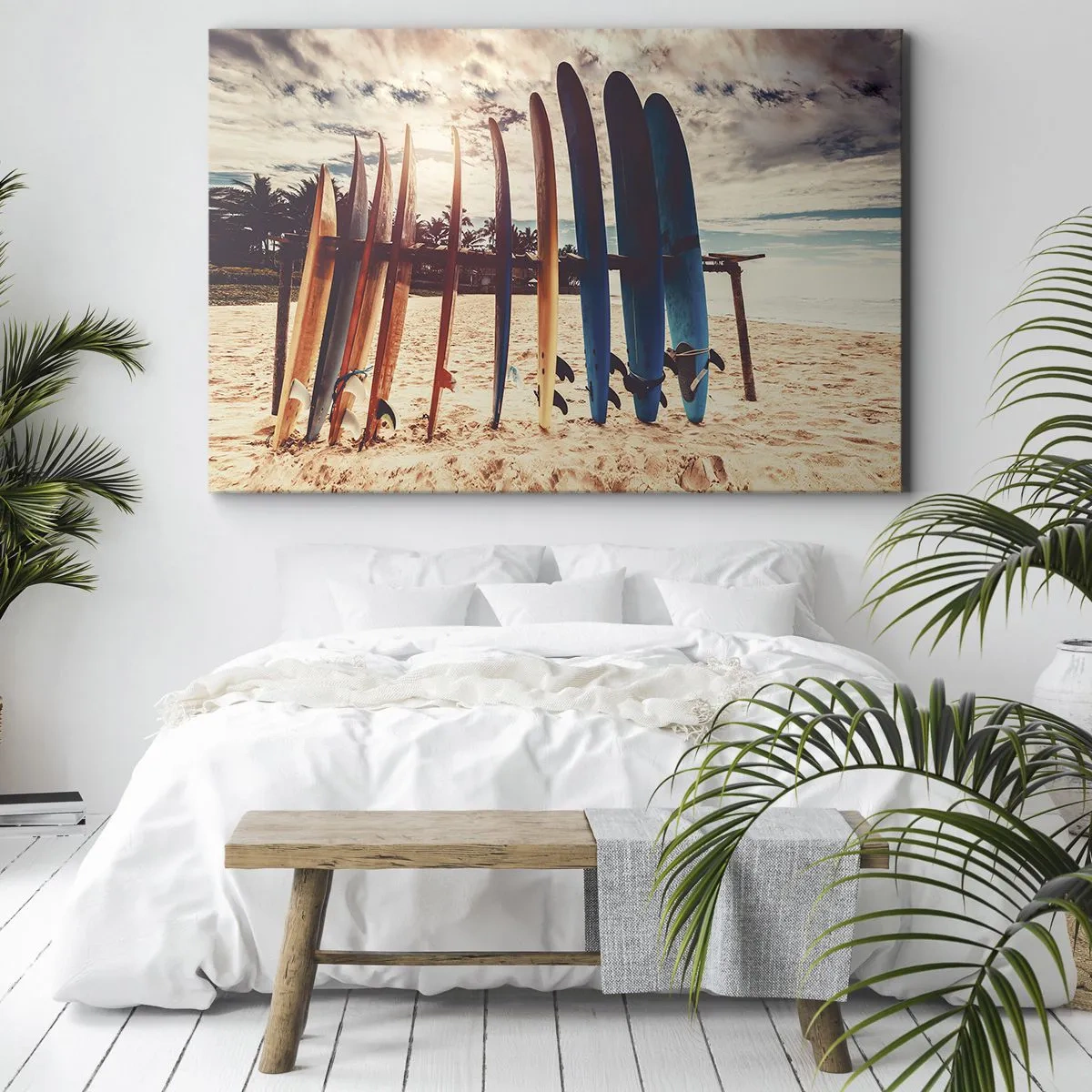 Canvastavla - Bild på duk - Surfbrädor på stranden vid solnedgången - 70x50cm - God natt, vi ses imorgon - Modern väggdekoration för vardagsrum och sovrum ARTTOR