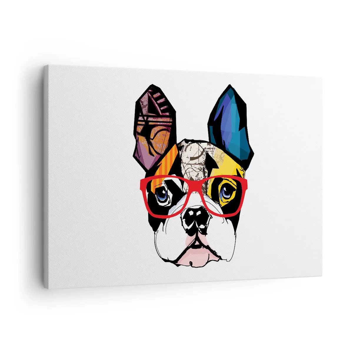 Canvastavla - Bild på duk - Bulldogg i en färgglad illustration med röda glasögon - 70x50cm - Intellektuell - Modern väggdekoration för vardagsrum och sovrum ARTTOR