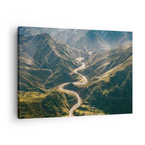 Canvastavla - Bild på duk - Ett bergslandskap med en slingrande väg bland gröna kullar - 70x50cm - Direkt från fjällens hjärta - Modern väggdekoration för vardagsrum och sovrum ARTTOR