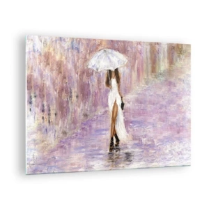 Glastavla - Bild på glas - Figur av en kvinna med ett paraply i en lila regnscen - 70x50cm - Under lila regn - Modern väggdekoration för vardagsrum och sovrum ARTTOR