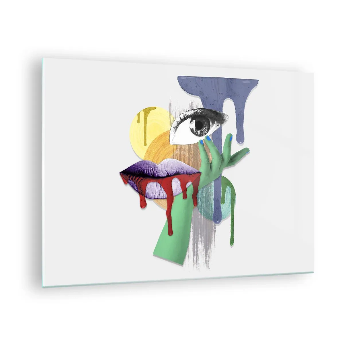 Glastavla - Bild på glas - Abstrakt komposition med ögon, mun och färger - 70x50cm - Rekonstruerad porträtt - Modern väggdekoration för vardagsrum och sovrum ARTTOR