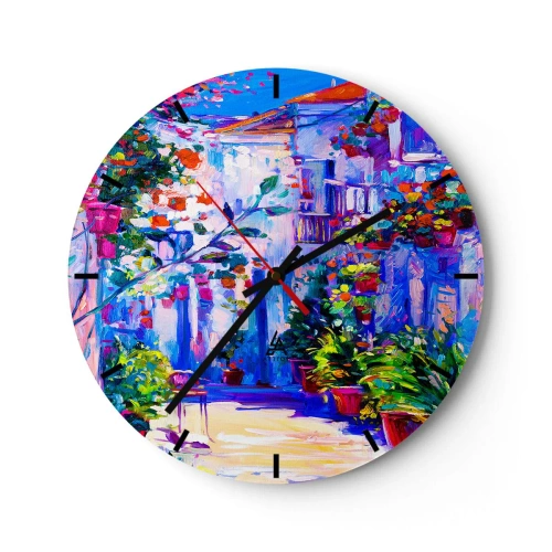 Väggklocka - Klocka på glas - En charmig uteplats full av blommor i intensiva färger - 30x30cm - Impression - italiensk gränd - Modern väggdekoration för vardagsrum, kök och sovrum ARTTOR