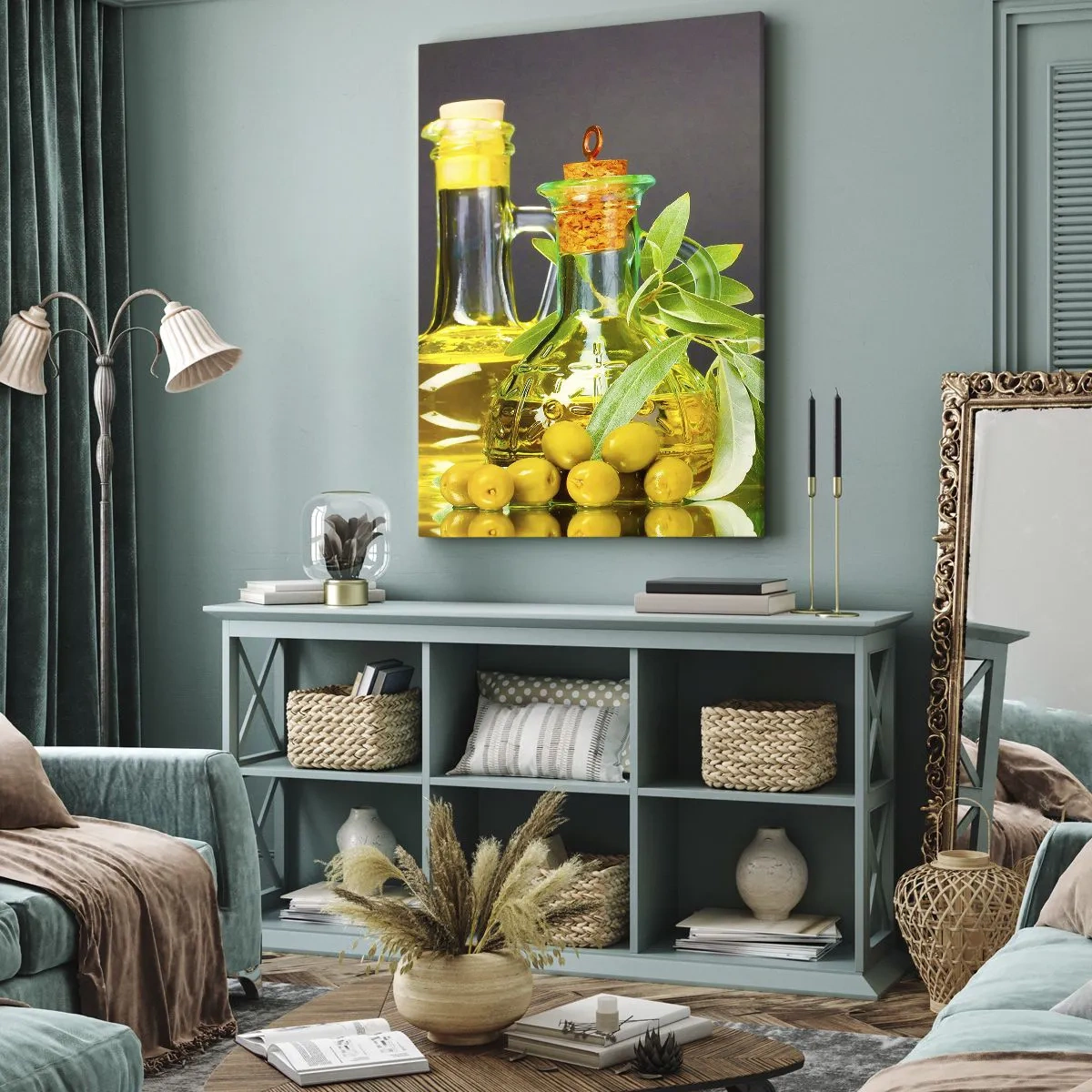 Canvastavla - Bild på duk - Stilleben med oliver och olivolja - 80x120 cm