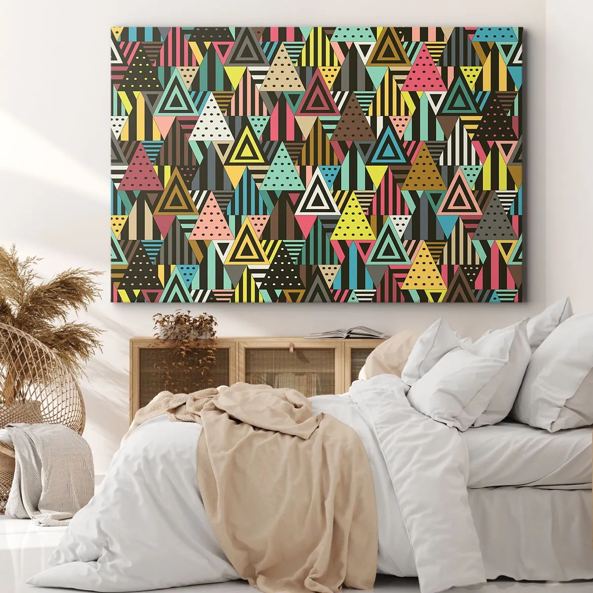 Canvastavla - Bild på duk - Färgglada geometriska mönster med trianglar och linjer - 70x50cm - Trianglar - Modern väggdekoration för vardagsrum och sovrum ARTTOR