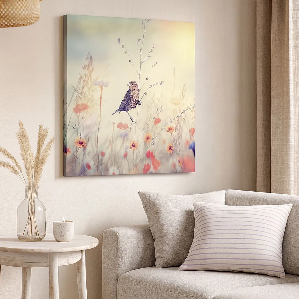 Canvastavla - Bild på duk - Fågelporträtt med en äng i bakgrunden - 30x30 cm