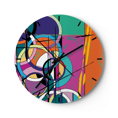 Väggklocka - Klocka på glas - En urtavla med ett abstrakt, geometriskt motiv i livfulla färger. - 30x30cm - Hjul efter hjul - Modern väggdekoration för vardagsrum, kök och sovrum ARTTOR