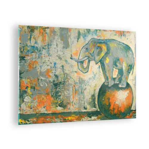 Glastavla - Bild på glas - Abstrakt elefant som balanserar på en boll - 70x50cm - Länge leve cirkus - Modern väggdekoration för vardagsrum och sovrum ARTTOR