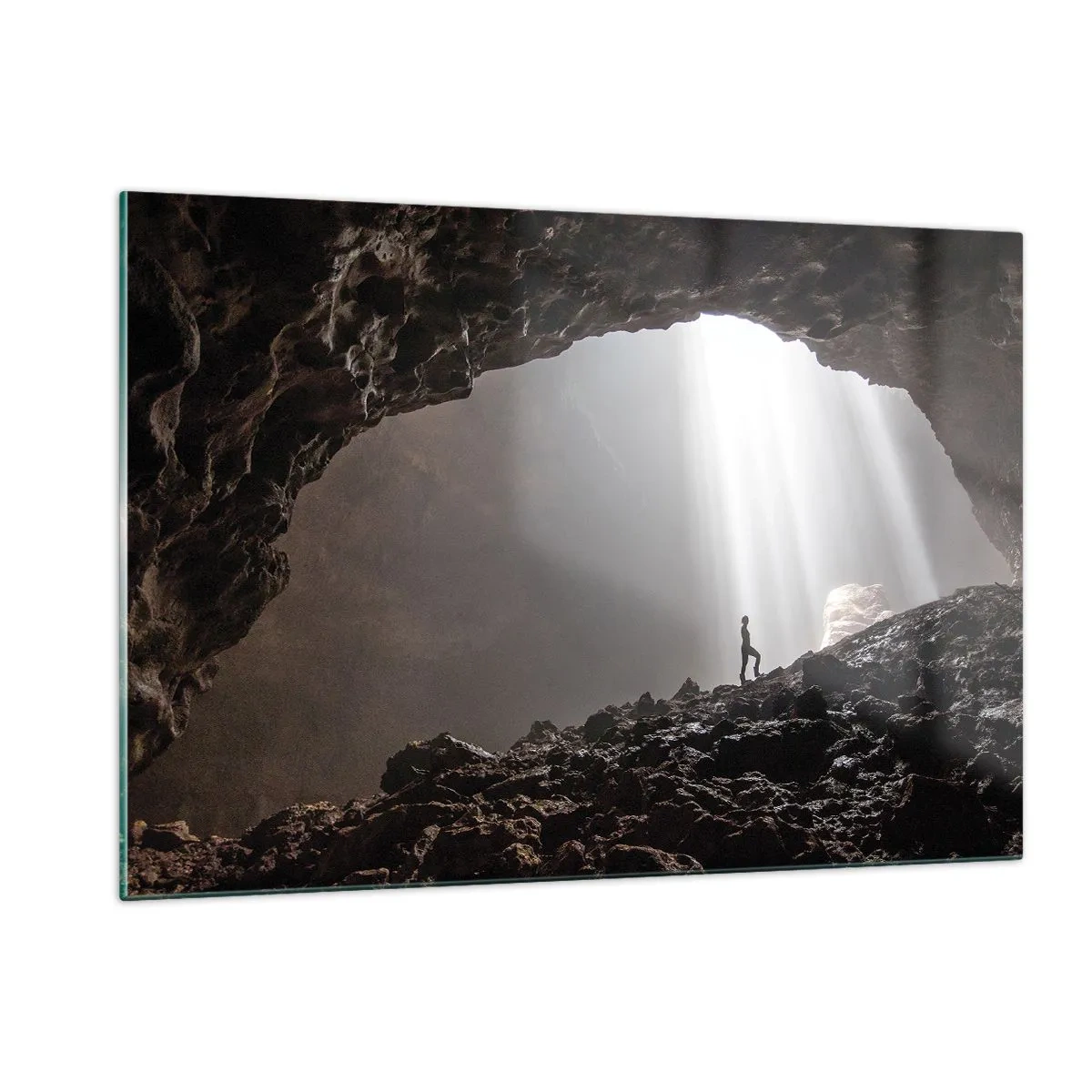 Glastavla - Bild på glas - Ljusfylld grotta - 120x80 cm