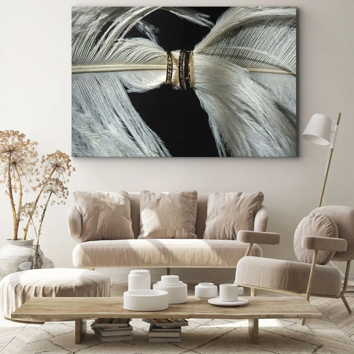 Canvastavla - Bild på duk - En vit fjäder med två guldringar på svart bakgrund - 70x50cm - ...och jag lämnar inte dig… - Modern väggdekoration för vardagsrum och sovrum ARTTOR