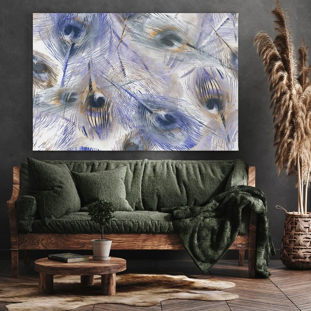 Canvastavla - Bild på duk - Komposition med påfågelsfjädrar - 120x80 cm