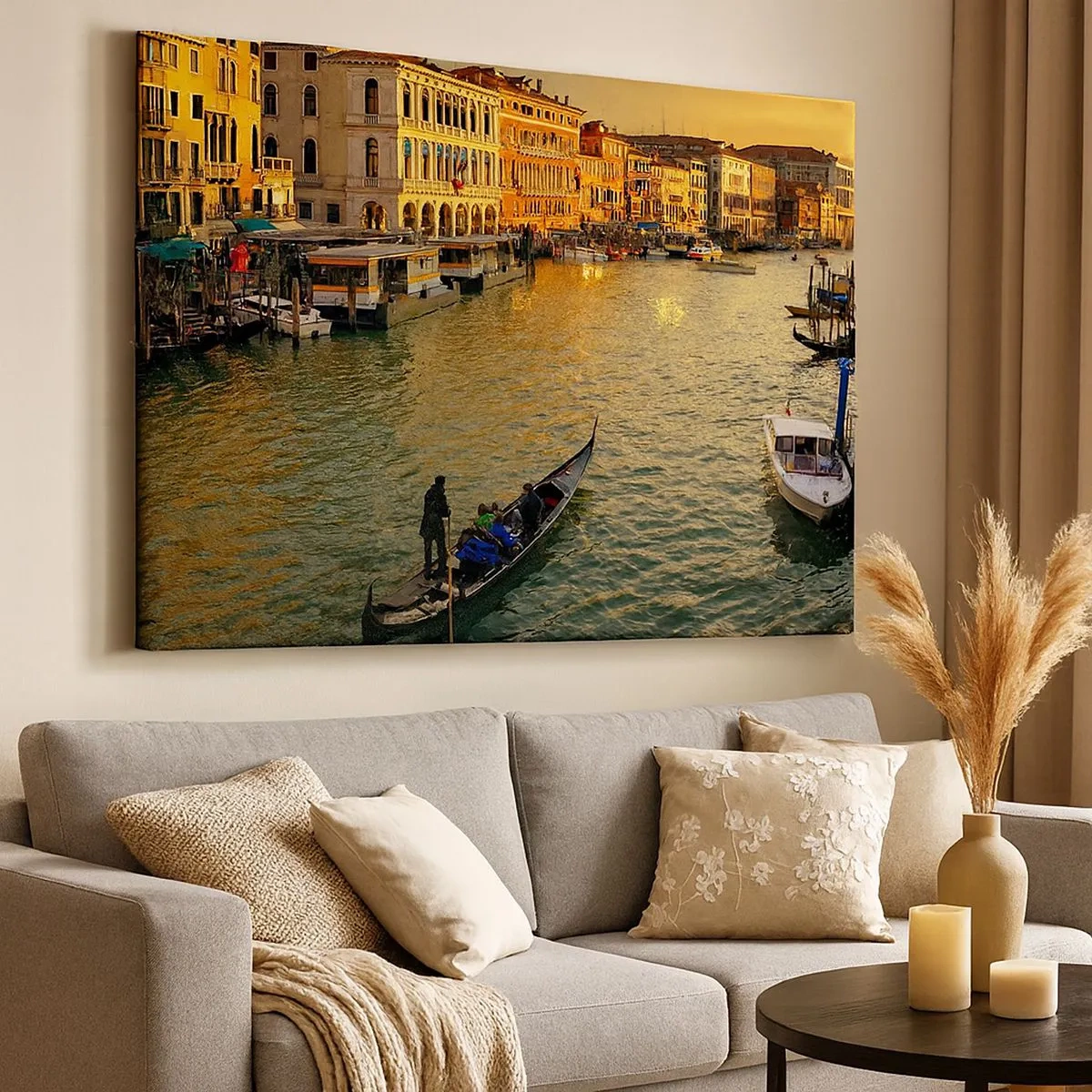 Canvastavla - Bild på duk - Gondol på en kanal i Venedig vid solnedgången - 70x50cm - På soliga sidan av gatan - Modern väggdekoration för vardagsrum och sovrum ARTTOR