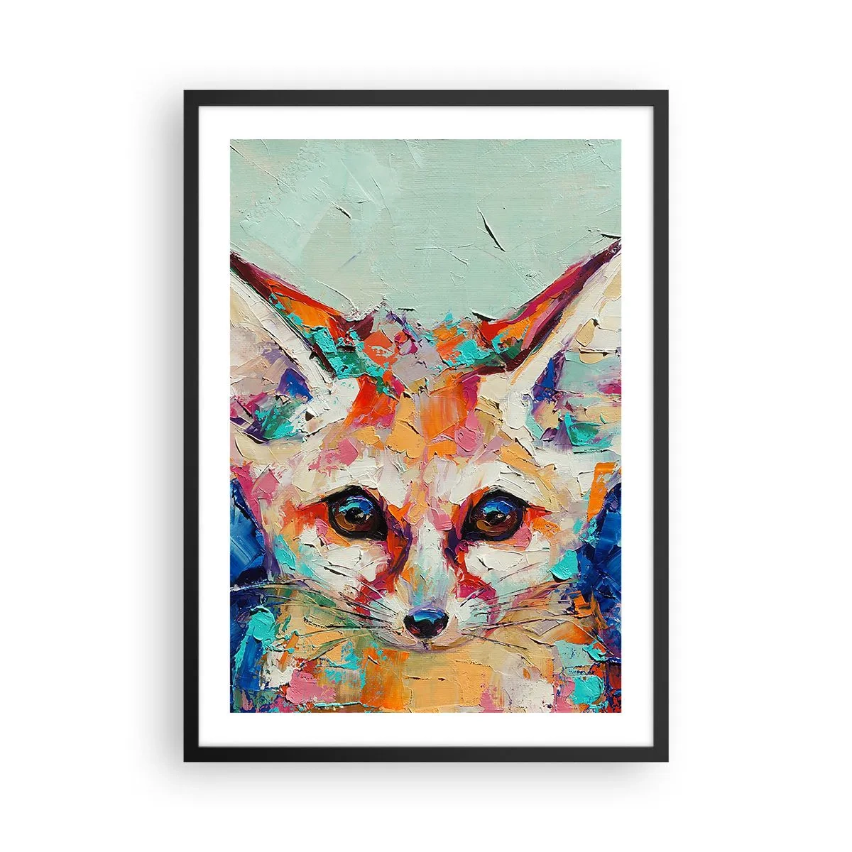 Affisch i svart ram - Ett färgstarkt abstrakt porträtt av en räv med en uttrycksfull blick. - 50x70cm - Är ni redo för mig? - Modern väggdekoration för vardagsrum och sovrum ARTTOR