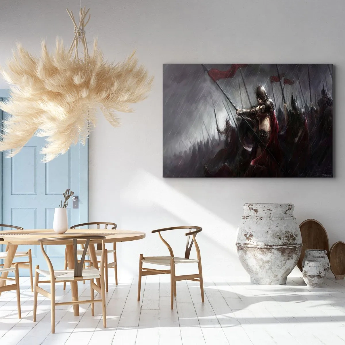 Canvastavla - Bild på duk - Riddare marscherar till slagfältet i regnet - 70x50cm - Förbipasseraren, hälsa Sparta... - Modern väggdekoration för vardagsrum och sovrum ARTTOR