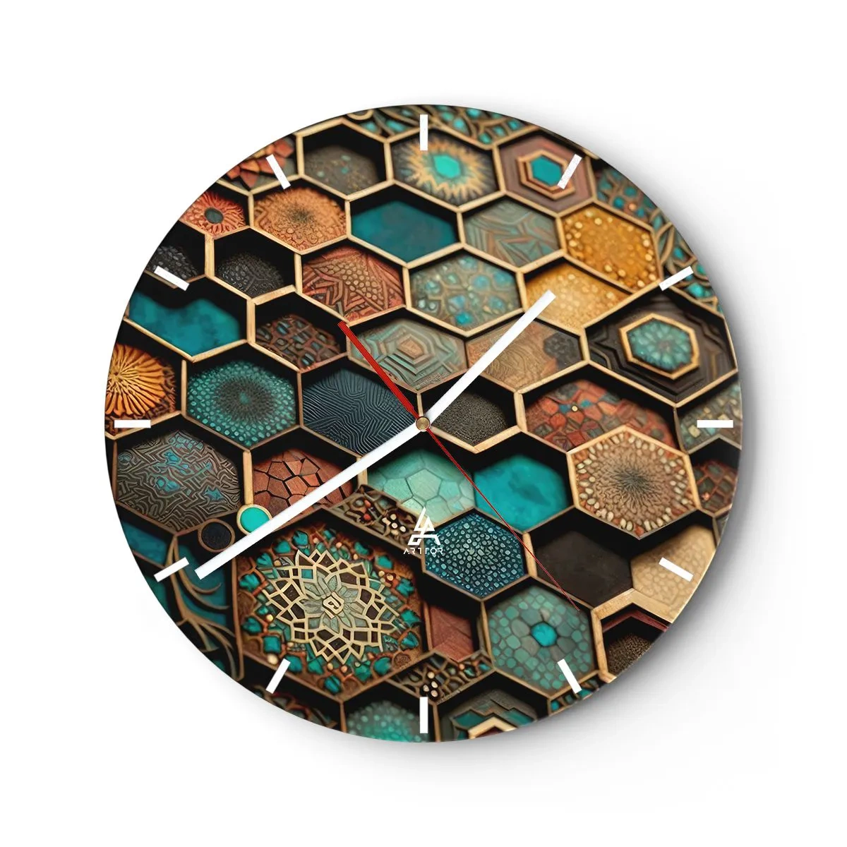 Väggklocka - Klocka på glas - Flerfärgade hexagoner med orientaliska mönster - 30x30cm - Arabiska ornament - en variation - Modern väggdekoration för vardagsrum, kök och sovrum ARTTOR