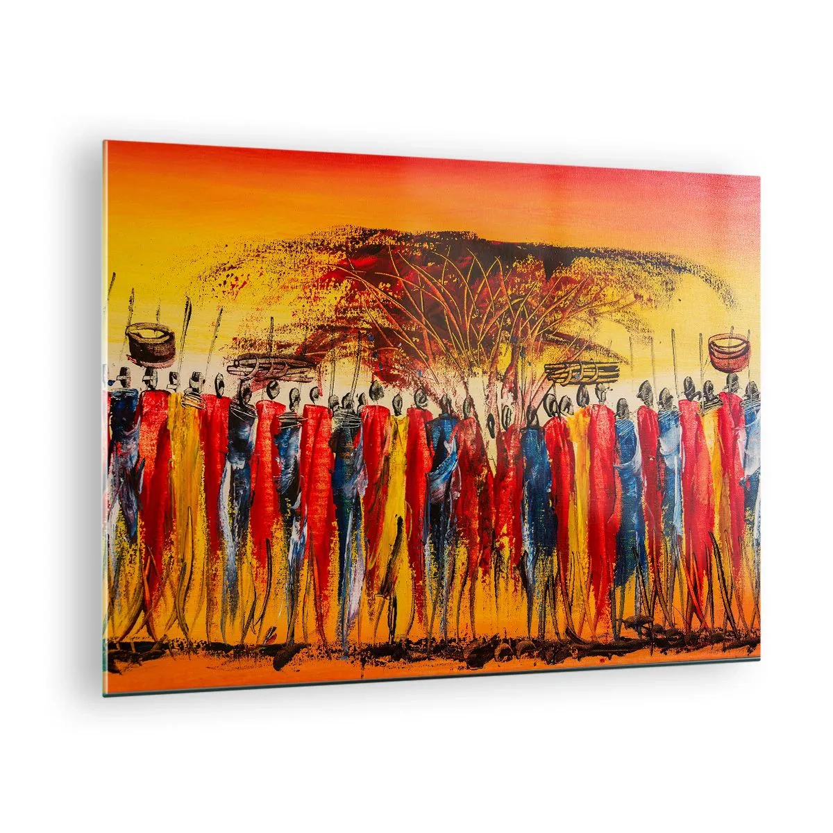 Glastavla - Bild på glas - En färgglad scen med människor i traditionella afrikanska dräkter - 70x50cm - Dit, dit, dit de går - Modern väggdekoration för vardagsrum och sovrum ARTTOR