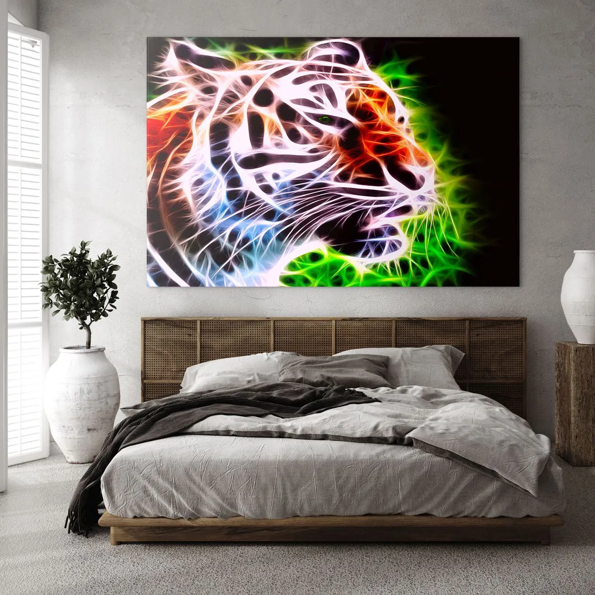 Glastavla - Bild på glas - En tiger i neonfärger, lysande färger - 70x50cm - Farlig stämning - Modern väggdekoration för vardagsrum och sovrum ARTTOR