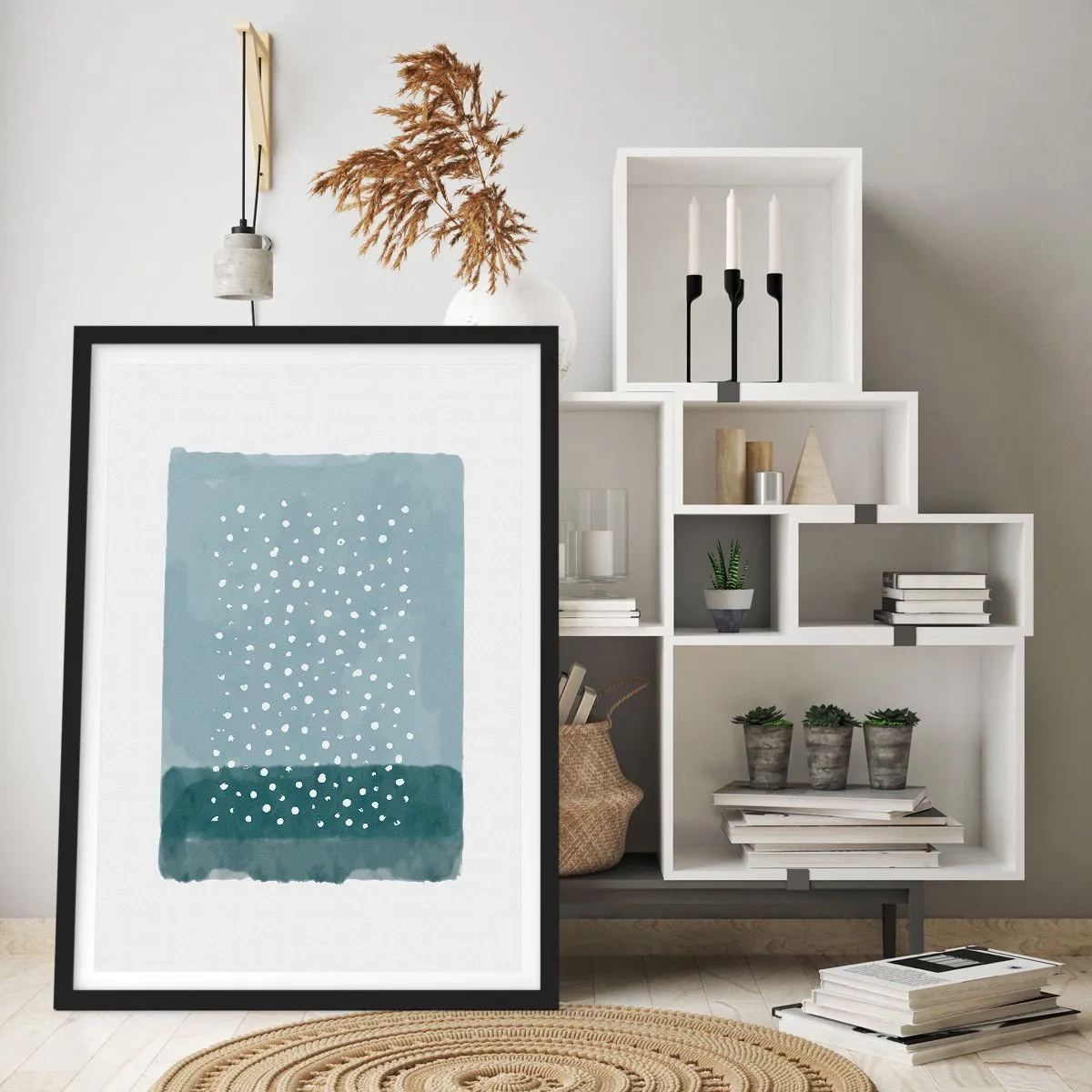 Affisch i svart ram - En abstrakt komposition med vita prickar på en blå bakgrund. - 50x70cm - Uppstådda ur det blåa - Modern väggdekoration för vardagsrum och sovrum ARTTOR
