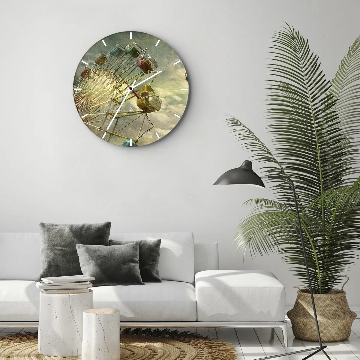 Väggklocka - Klocka på glas - Ett färgglatt pariserhjul mot himlen i retrostil - 30x30cm - Kommer att bli, kommer att bli kul.... - Modern väggdekoration för vardagsrum, kök och sovrum ARTTOR