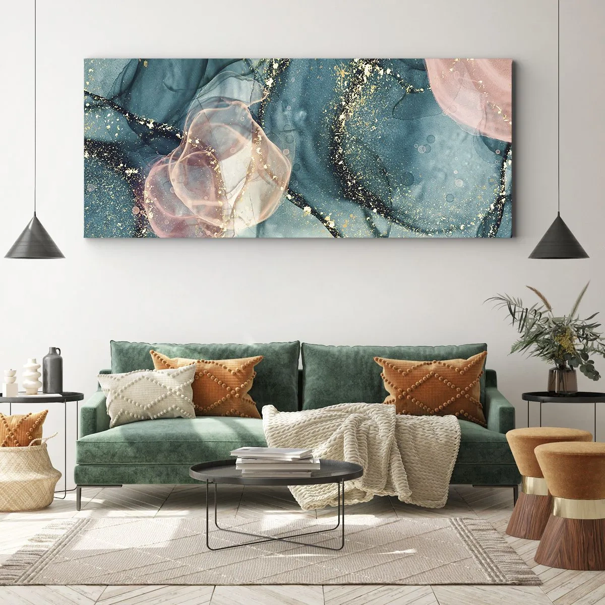 Canvastavla - Bild på duk - Sidenblå, tyllrosa - 100x40 cm