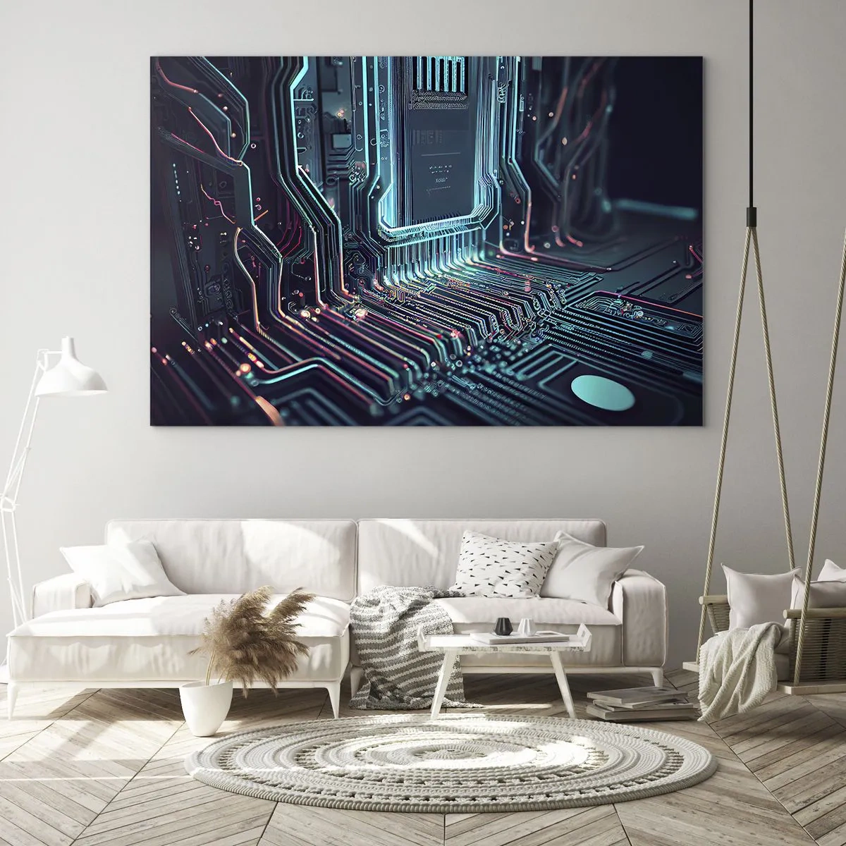 Glastavla - Bild på glas - Neonvisualisering av processorspår på svart bakgrund - 70x50cm - Så här tänker jag... - Modern väggdekoration för vardagsrum och sovrum ARTTOR