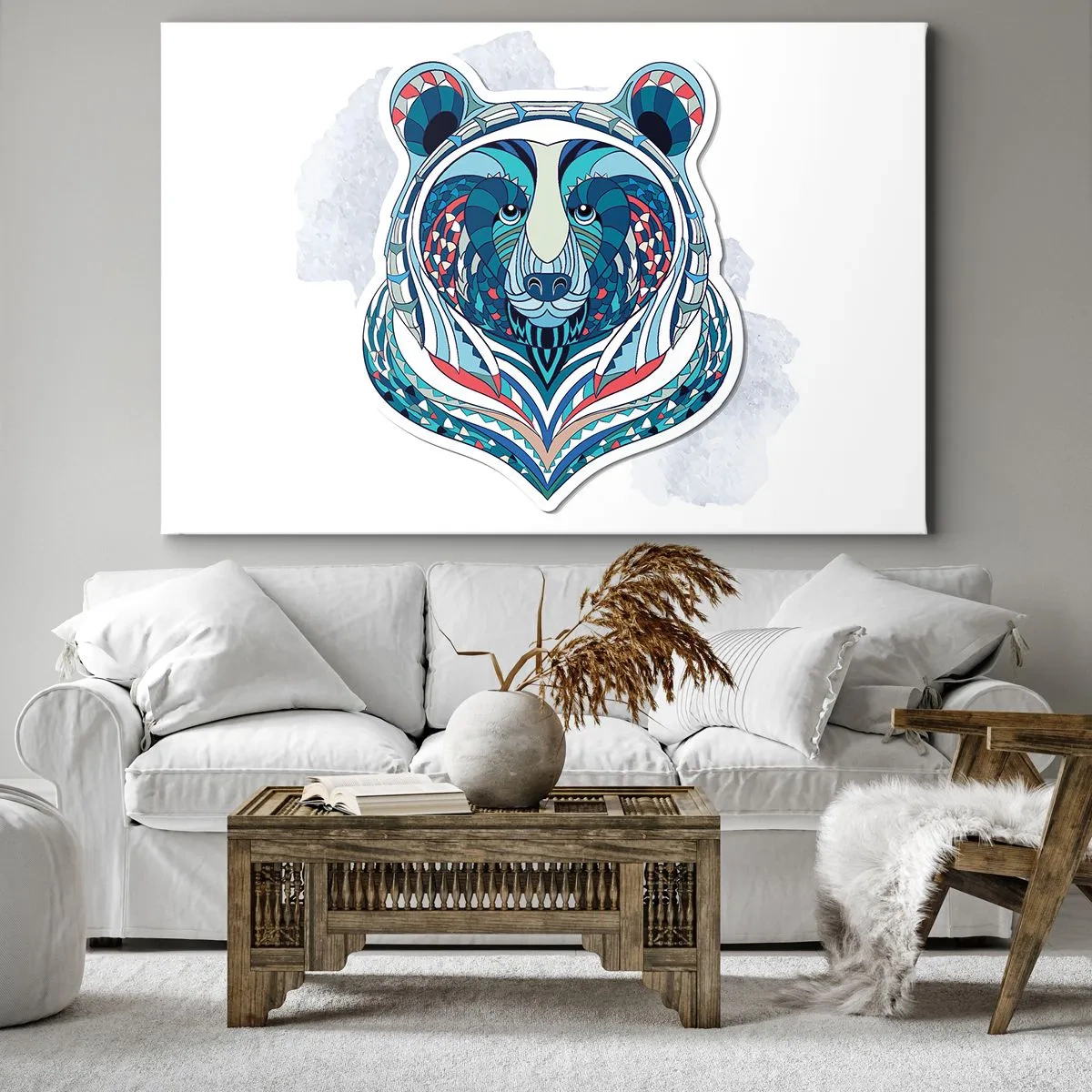 Canvastavla - Bild på duk - Geometrisk björn i nyanser av blått och rött - 70x50cm - Eviva Grönland! - Modern väggdekoration för vardagsrum och sovrum ARTTOR