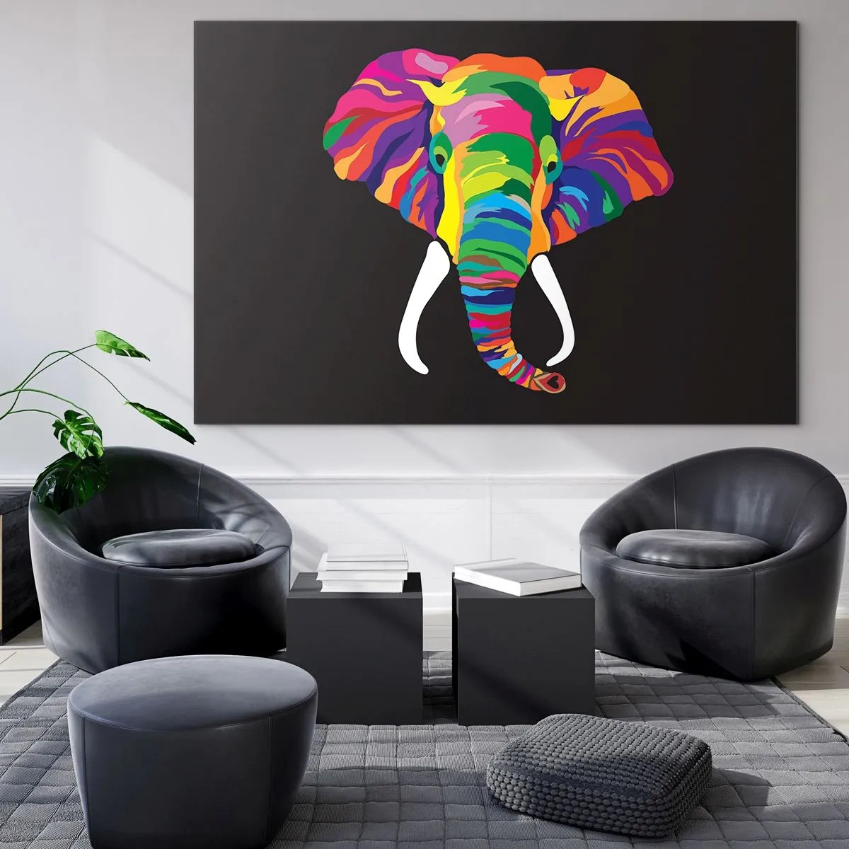 Glastavla - Bild på glas - En färgglad elefant på svart bakgrund i konstnärlig stil - 70x50cm - Elefanten som älskade bada i regnbågen - Modern väggdekoration för vardagsrum och sovrum ARTTOR