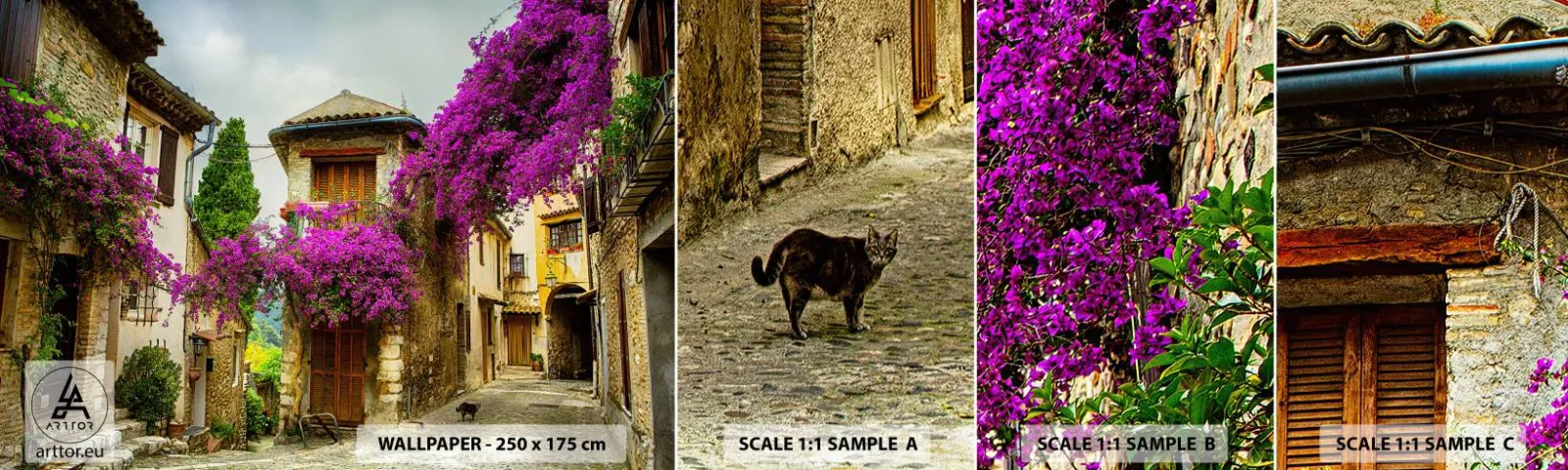 Provbit av självhäftande fototapet Deluxe Sticker - Under blommig baldakin - Landskap, Arkitektur, Stad - 100x30 cm