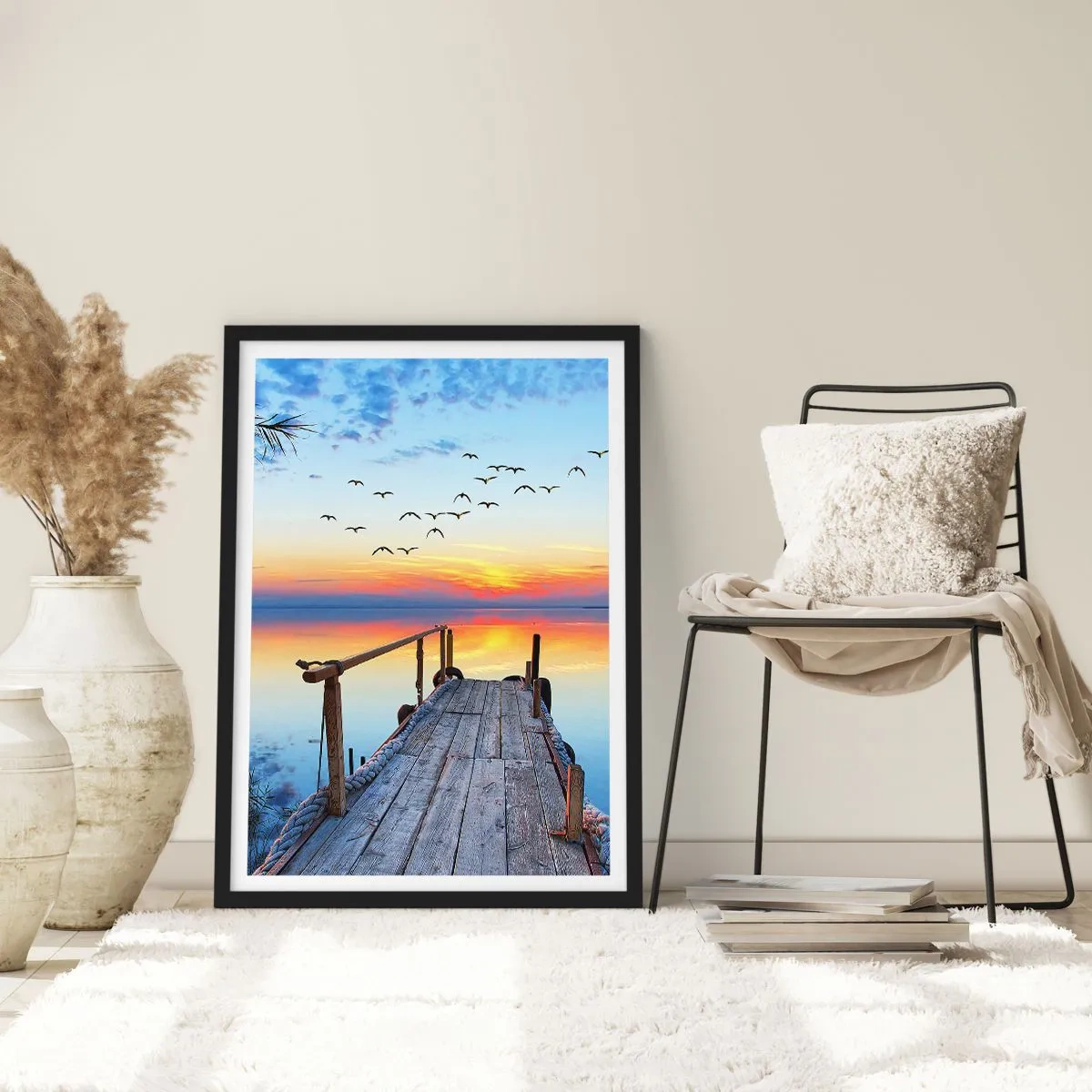 Affisch i svart ram - Sjöpiren vid solnedgången - 50x70cm - Dags att vända hem... - Modern väggdekoration för vardagsrum och sovrum ARTTOR