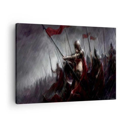 Canvastavla - Bild på duk - Riddare marscherar till slagfältet i regnet - 70x50cm - Förbipasseraren, hälsa Sparta... - Modern väggdekoration för vardagsrum och sovrum ARTTOR