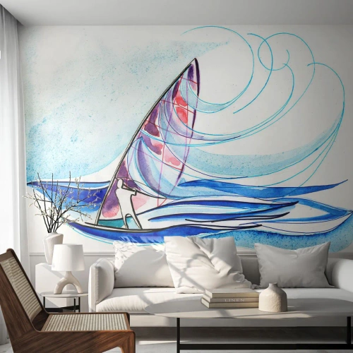 Fototapet Standard Eco - Med vinden i vågornas rytm - Vindsurfing, Sport, Hav - 150x105 cm
