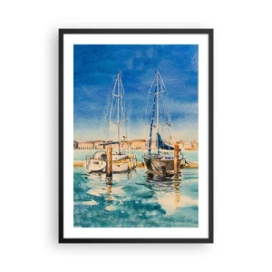 Affisch i svart ram - Akvarell illustration av segelbåtar mot en blå lagun på en solig dag. - 50x70cm - Solig lagun - Modern väggdekoration för vardagsrum och sovrum ARTTOR