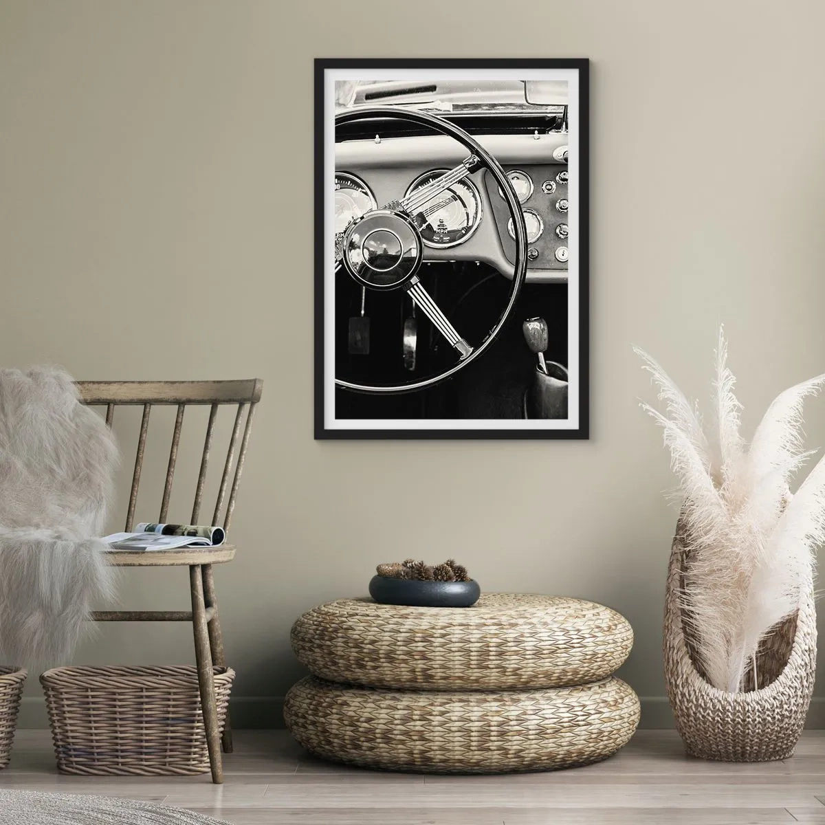 Affisch i svart ram - Interiören i en veteranbil i monokromatisk stil - 50x70cm - Samlarens dröm - Modern väggdekoration för vardagsrum och sovrum ARTTOR