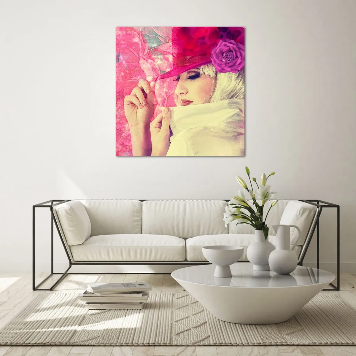 Glastavla - Bild på glas - Retroporträtt i rosa ångor - 50x50 cm
