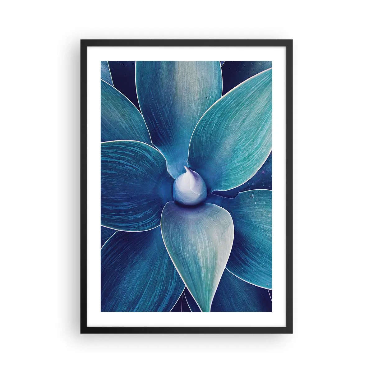 Affisch i svart ram - Detalj av en stor blomma i nyanser av blått - 50x70cm - Blått från himlen - Modern väggdekoration för vardagsrum och sovrum ARTTOR