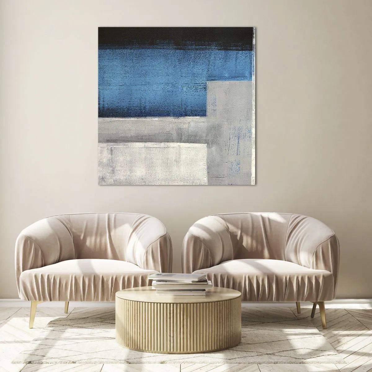 Glastavla - Bild på glas - Poetisk komposition av grått och blått - 30x30 cm