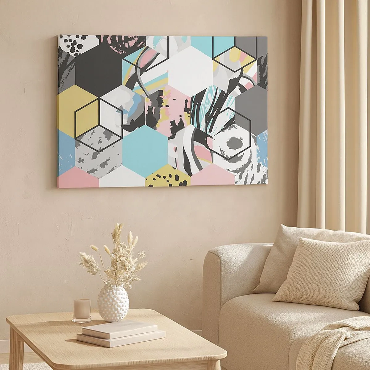 Canvastavla - Bild på duk - Geometriskt hexagonmönster med färgglada abstrakta detaljer - 70x50cm - Sexkanter och kuber i sex färger - Modern väggdekoration för vardagsrum och sovrum ARTTOR