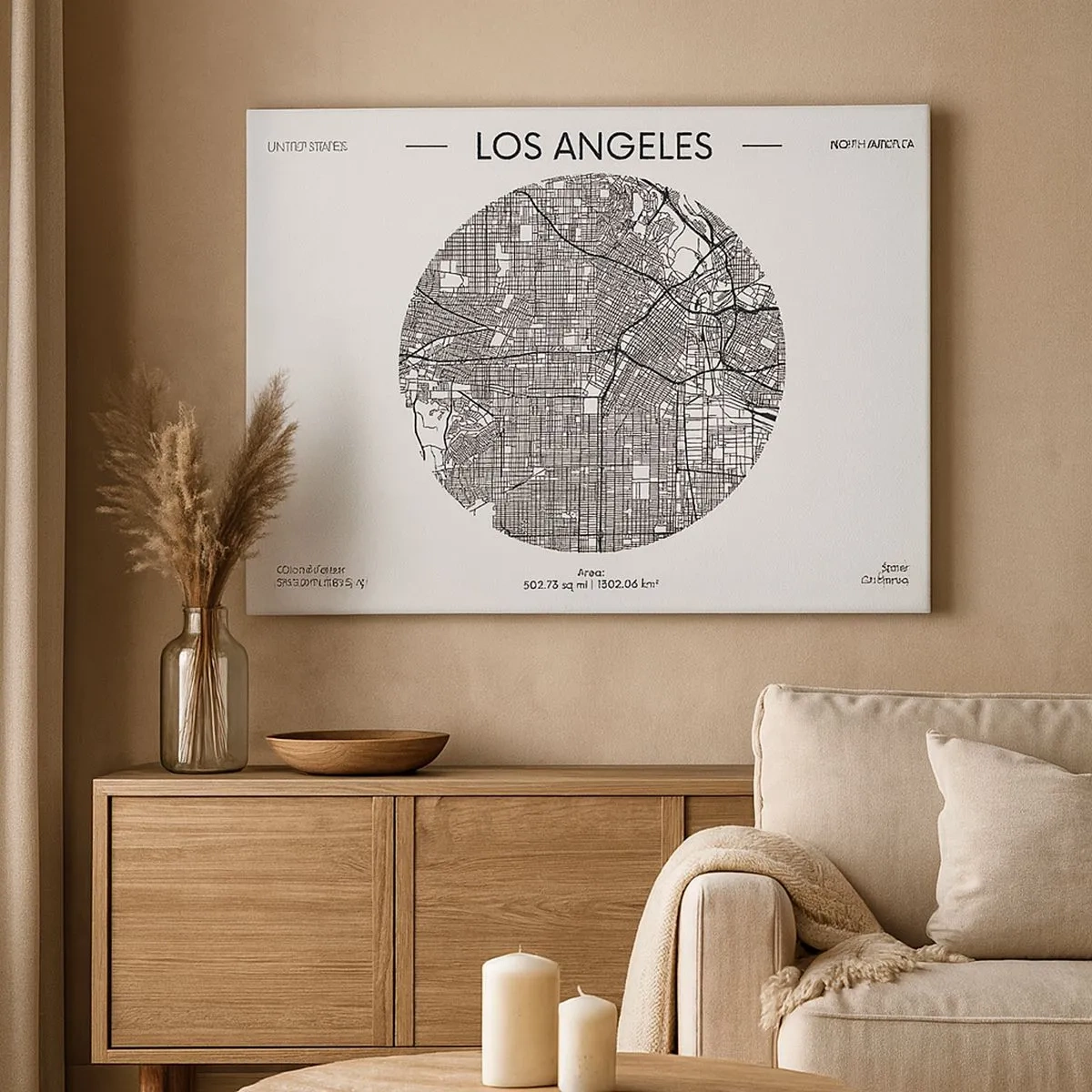 Canvastavla - Bild på duk - En karta över Los Angeles i minimalistisk svartvit stil - 70x50cm - Los Angeles anatomi - Modern väggdekoration för vardagsrum och sovrum ARTTOR
