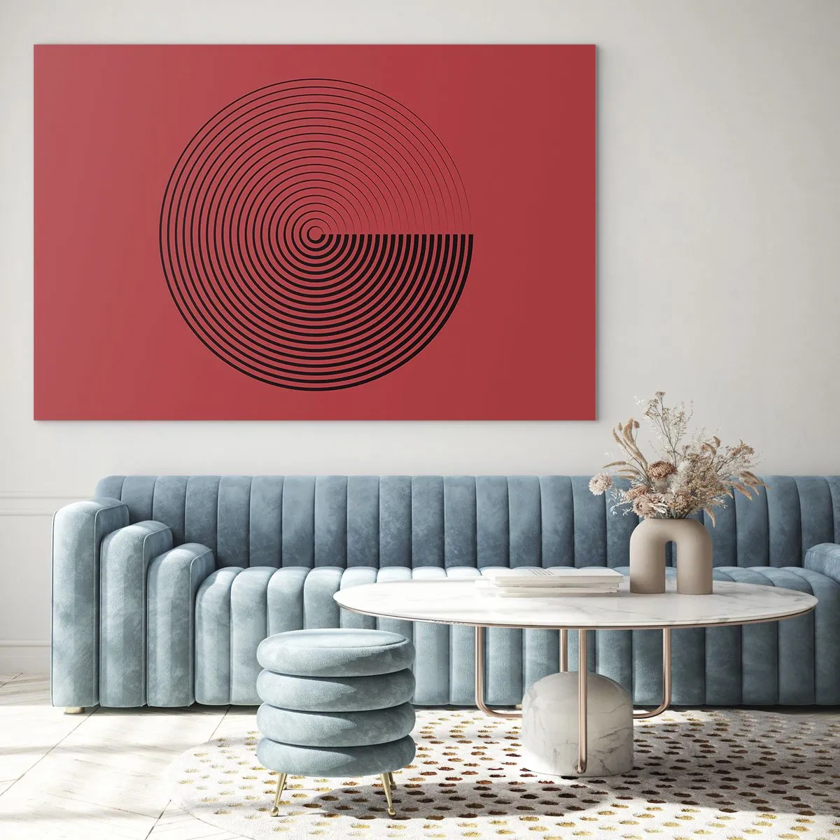 Glastavla - Bild på glas - Svarta koncentriska cirklar på en röd bakgrund - 70x50cm - Cirkulär rörelse - Modern väggdekoration för vardagsrum och sovrum ARTTOR