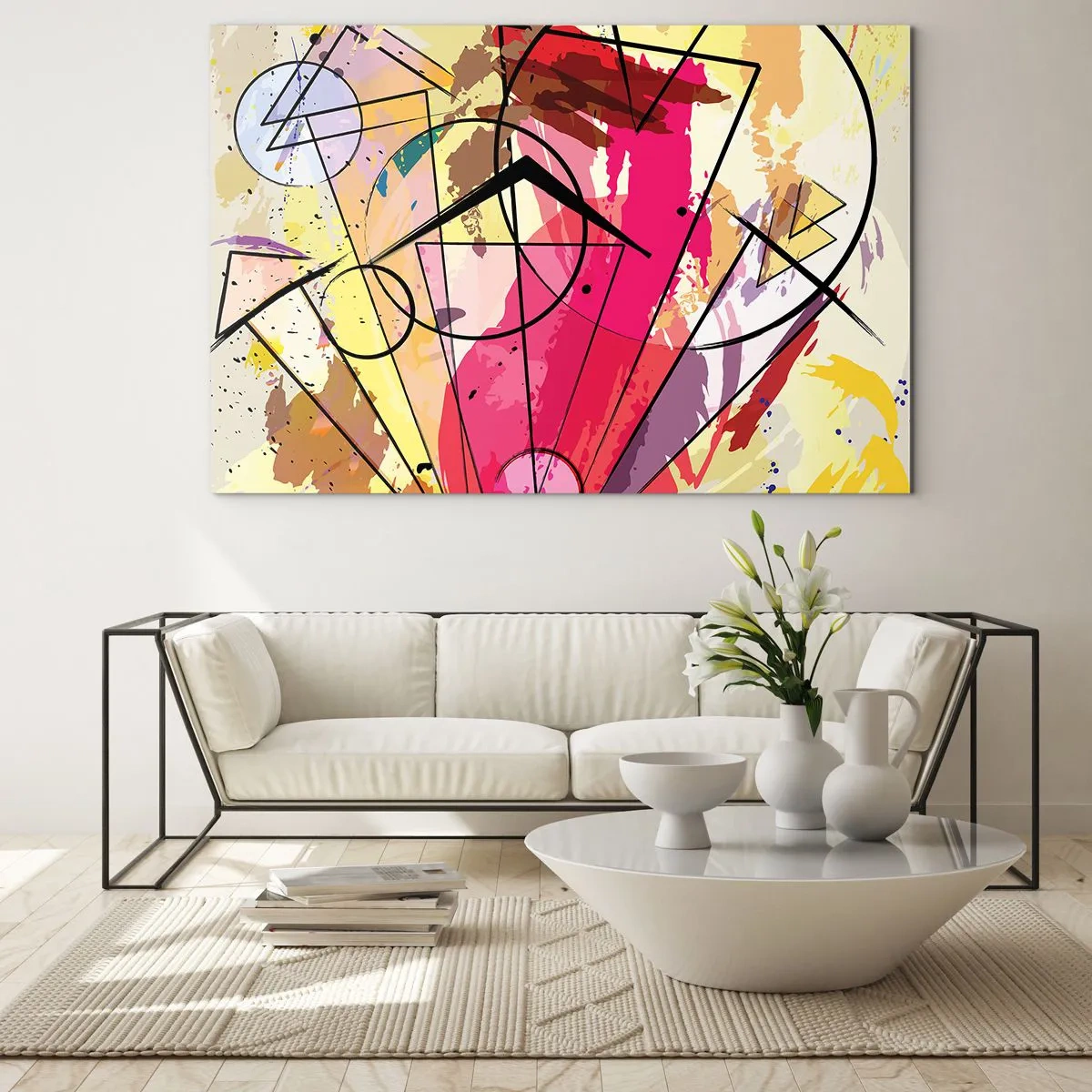 Glastavla - Bild på glas - Färgglad abstraktion med geometriska mönster och linjer - 70x50cm - Explosion - Modern väggdekoration för vardagsrum och sovrum ARTTOR