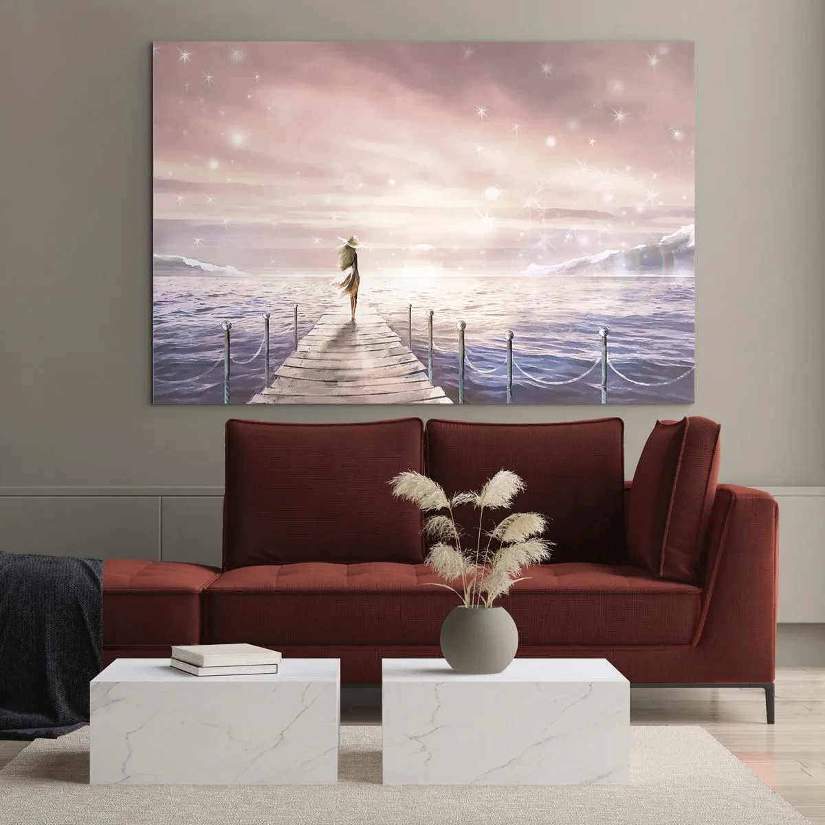 Glastavla - Bild på glas - Kvinna på piren vid solnedgången - 70x50cm - I drömmens ljus - Modern väggdekoration för vardagsrum och sovrum ARTTOR