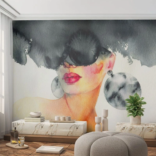 Fototapet Premium Canvas - Elegansens hemlighet - Kvinnans ansikte, Kvinna, Hatt - 350x256 cm