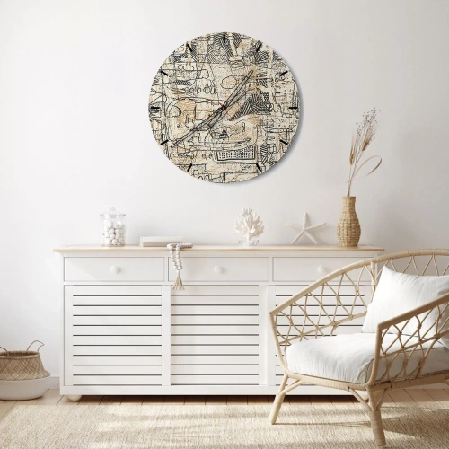 Väggklocka - Klocka på glas - Porträtt av en kvinna med linjekonturer mot en ljus bakgrund - 30x30cm - Väntar på avkodning - Modern väggdekoration för vardagsrum, kök och sovrum ARTTOR