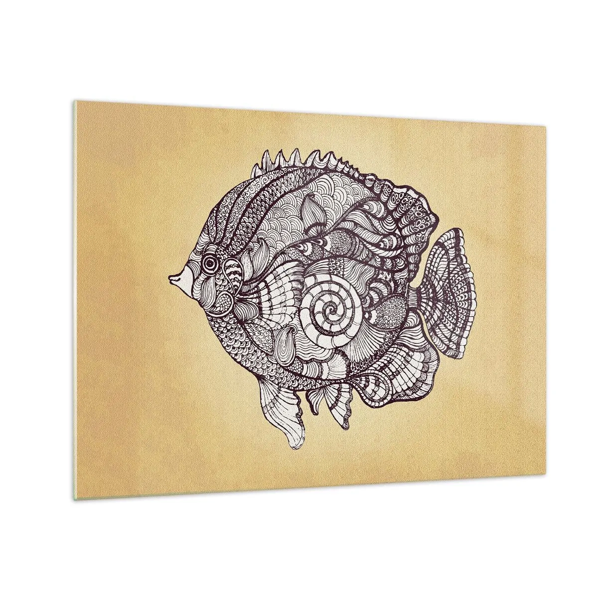 Glastavla - Bild på glas - En tecknad fisk med ornament på en beige bakgrund - 70x50cm - Från ett hav av ornament - Modern väggdekoration för vardagsrum och sovrum ARTTOR