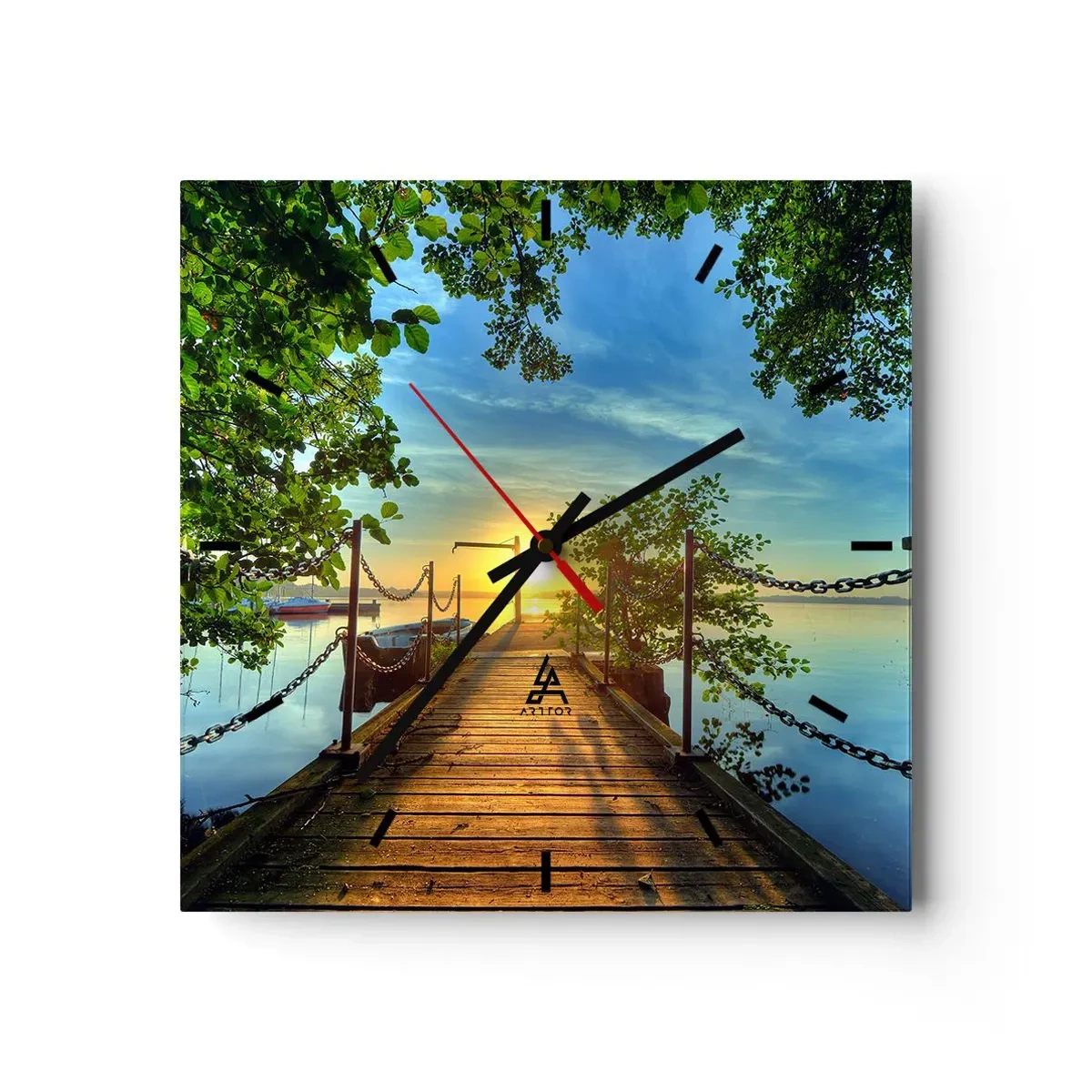 Väggklocka - Klocka på glas - Solnedgång vid vatten - 40x40 cm