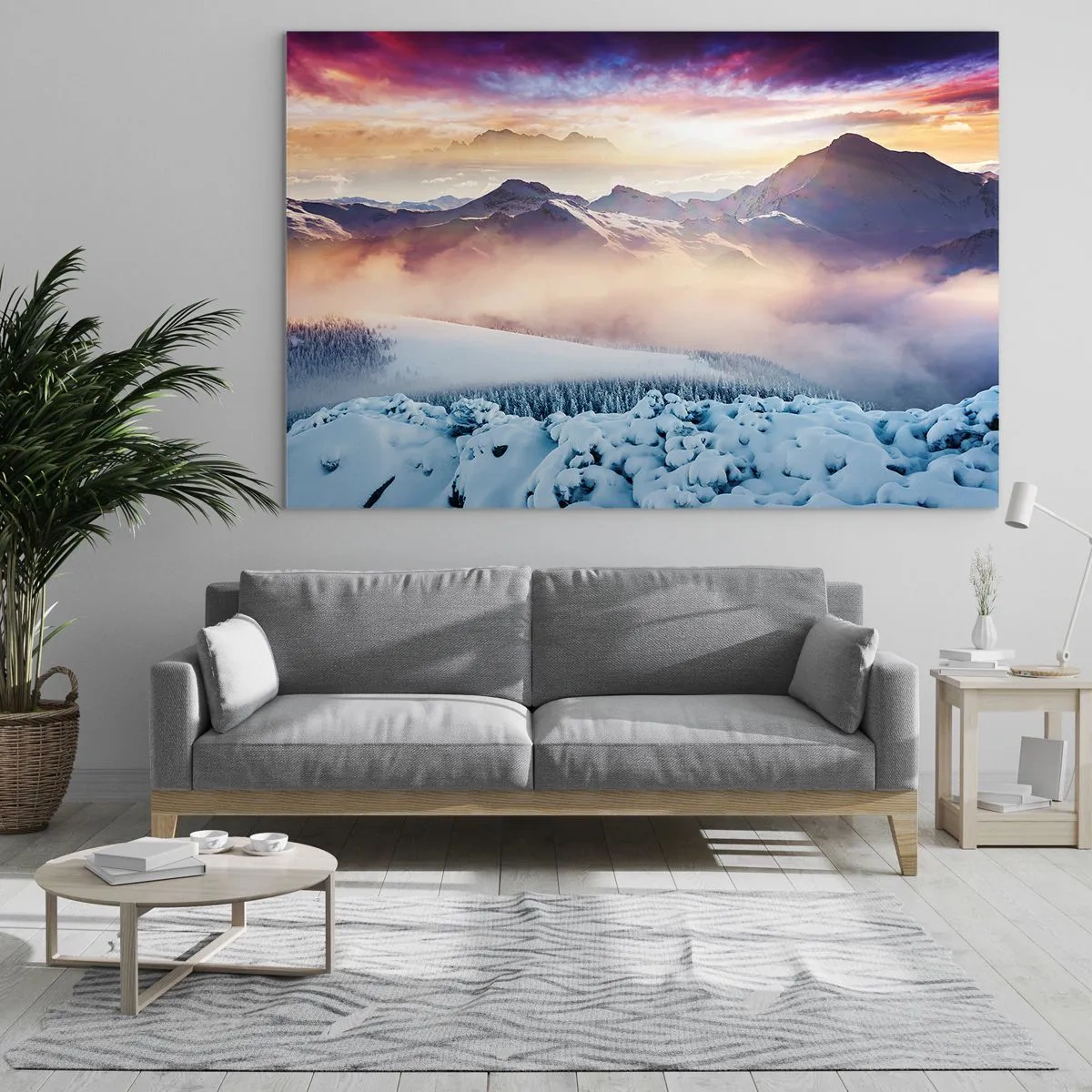 Glastavla - Bild på glas - Vinterbergslandskap med solnedgång och dimma - 70x50cm - Naturens styrka och renhet - Modern väggdekoration för vardagsrum och sovrum ARTTOR